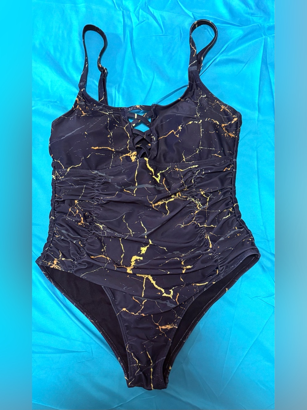 NWOT Black One-Piece Swimsuit with Gold Marble Print i. Size 10